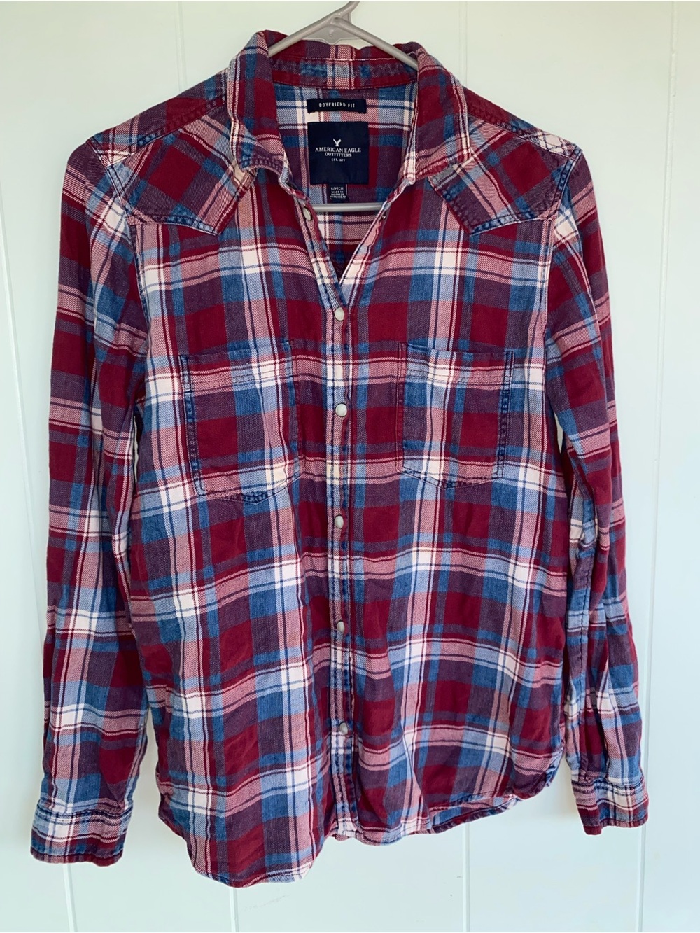 American Eagle Outfitters Red, Blue & White Plaid Button-Down Shirt